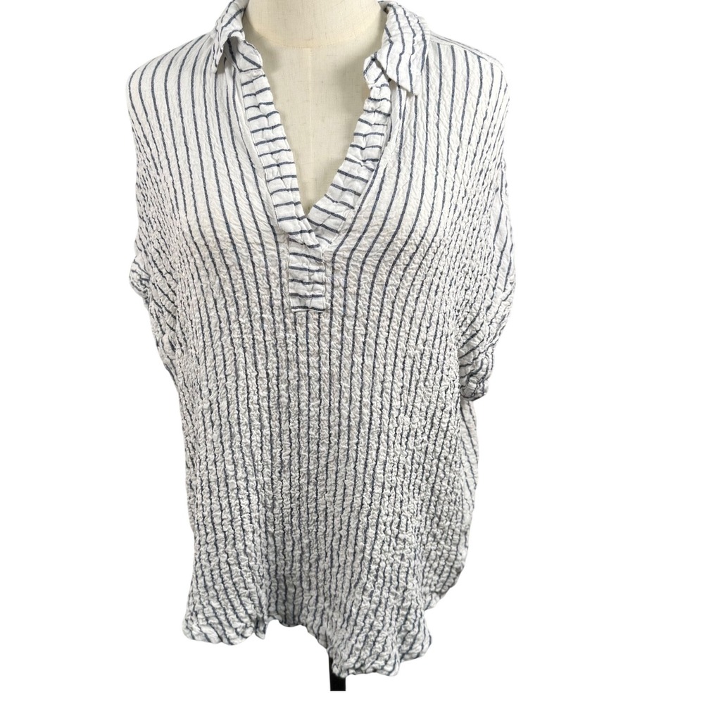 Vโ Neck Striped Crinkle Gauze 1X Tunic Top Navy White High Low Blouse Nautical